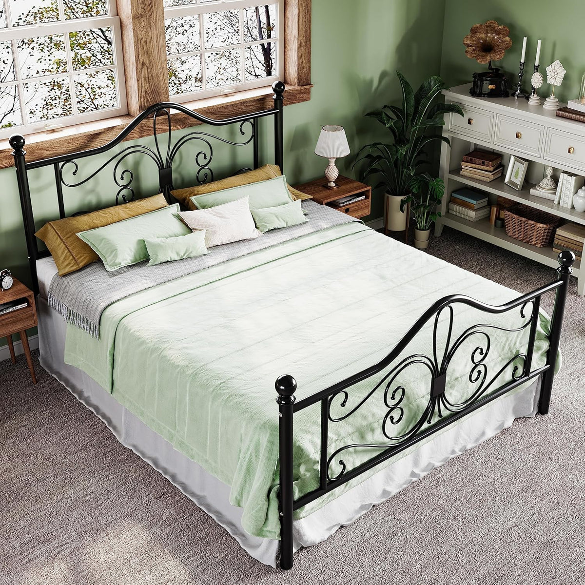 allewie metal queen platform bed frame, butterfly pattern, front angle view