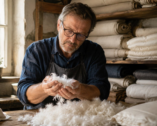 A craftsman examining white down clusters at a workbench stacked with linen