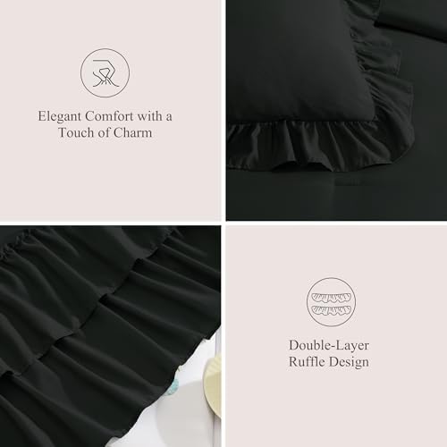 AMBERSPACE Queen Comforter Set Black Ruffle 7 Pieces Farmhouse Bed in a Bag