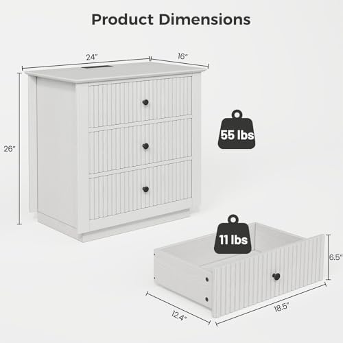 24" wide white fluted nightstand with 3 drawers shown in use