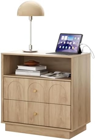 arched design nightstand with charging station, 2 drawers, front angle view