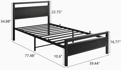 hojinlinero black twin bed frame with wood headboard,single shown in use