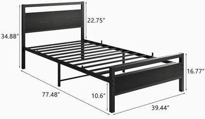 hojinlinero black twin bed frame with wood headboard,single shown in use