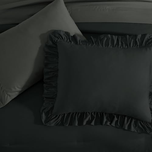AMBERSPACE Queen Comforter Set Black Ruffle 7 Pieces Farmhouse Bed in a Bag