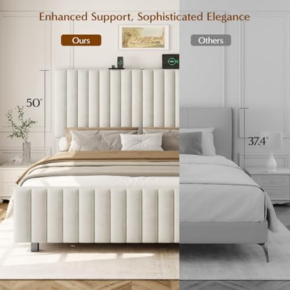 50" tall queen bed frame with adjustable headboard, front angle view