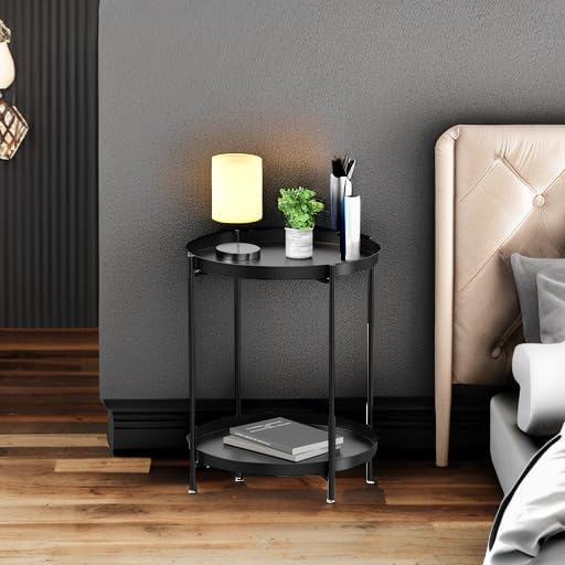 EKNITEY 2 Tier End Table - Metal Side Table with Removable Tray (Black)