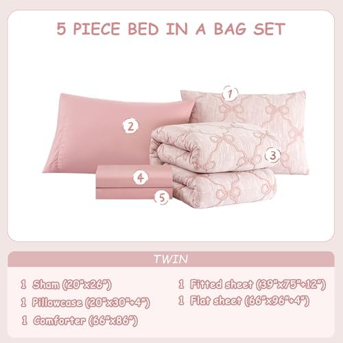 Twin Comforter Set with Sheets for Girls-5 Pieces Bow Twin Bedding Sets