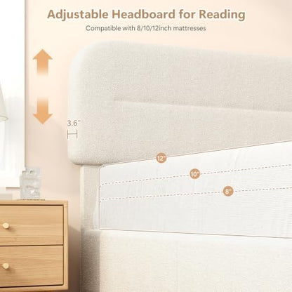 hombck queen bed frame,white boucle upholstered platform bed, close-up detail