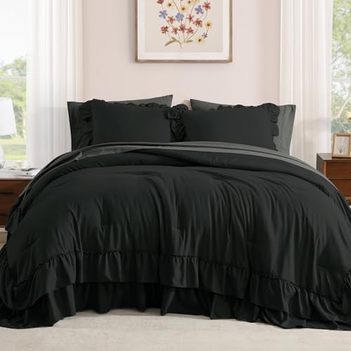 AMBERSPACE Queen Comforter Set Black Ruffle 7 Pieces Farmhouse Bed in a Bag