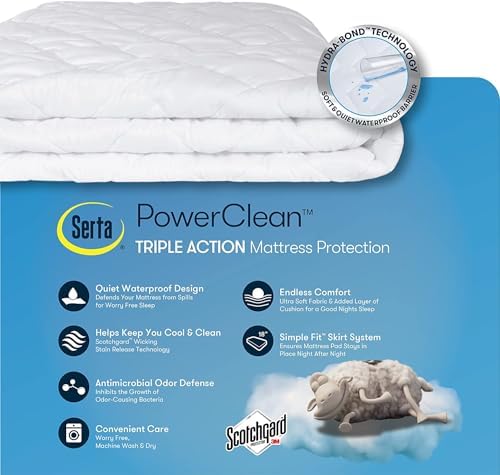 serta power clean triple action waterproof mattress pad showing dimensions