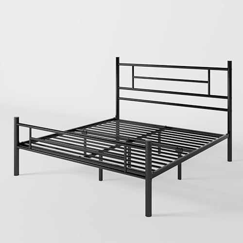 allewie full size metal bed frame with headboard, front angle view