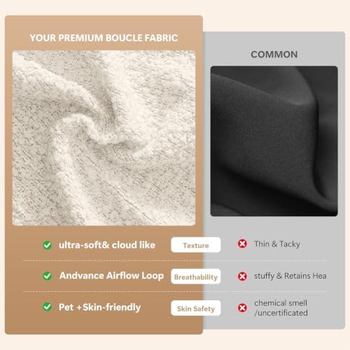 hombck queen bed frame,white boucle upholstered platform bed, side view