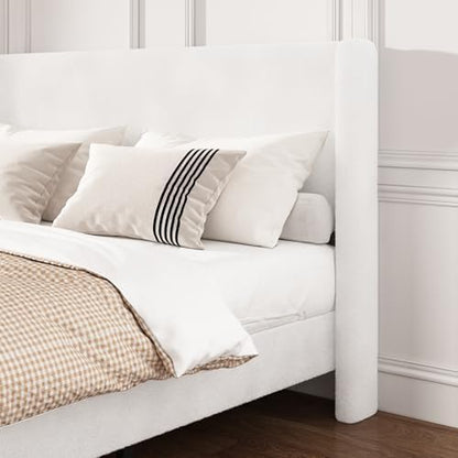 king bed frame, boucle upholstered platform bed with, side view