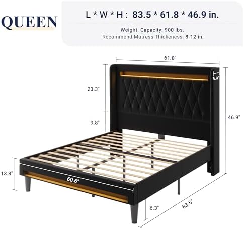 allewie queen size upholstered bed frame with led shown in use