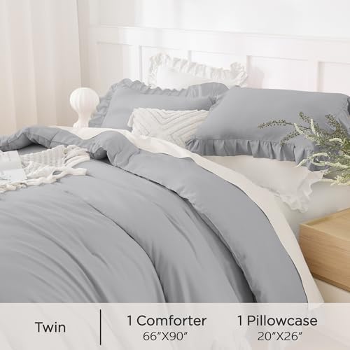 andency silver gray ruffle comforter twin size, 2 showing dimensions