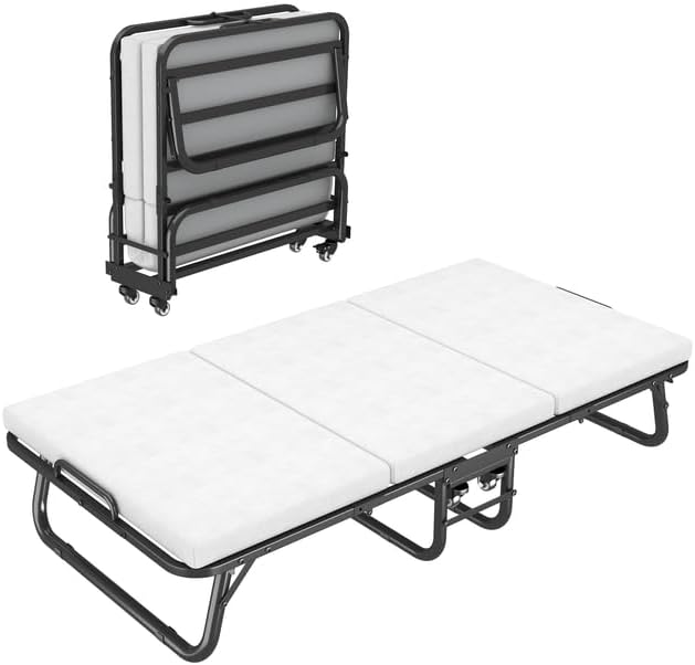 Folding Bed, 75 x 38 Portable Rollaway Guest Beds on Wheels, Foldable Bed