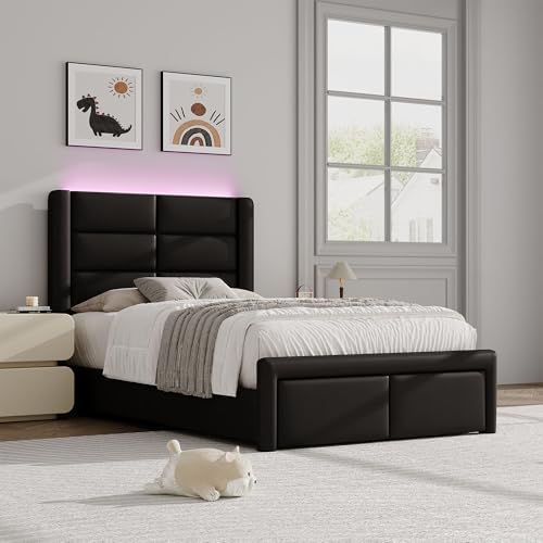 twin bed frame with headboard and led lights on a desk or shelf