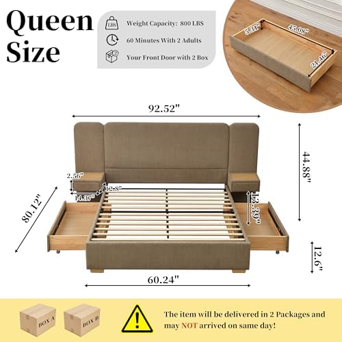 queen size platform bed frame with drawers & shown in use
