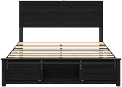 queen size wooden bed frame with headboard and, front angle view