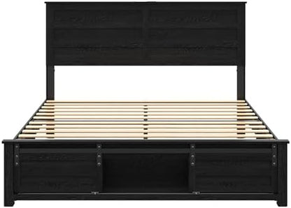 queen size wooden bed frame with headboard and, front angle view