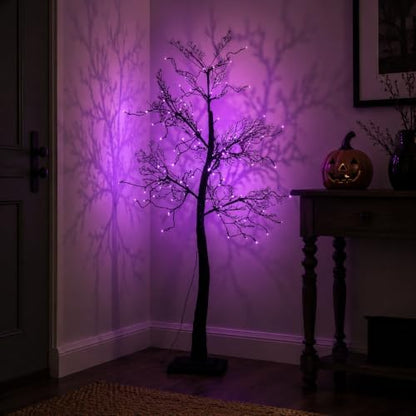 5FT Lighted Halloween Tree, 102 LED Dual Color Black Glitter Tree