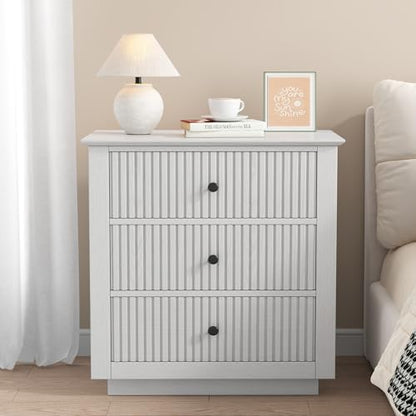 24" wide white fluted nightstand with 3 drawers, close-up detail
