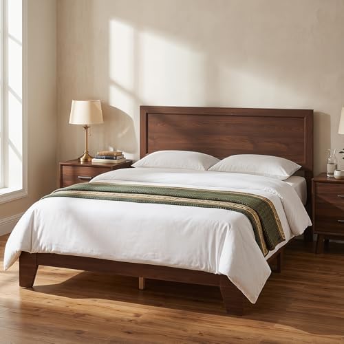 komfott queen size bed frame, mid-century modern platform, close-up detail