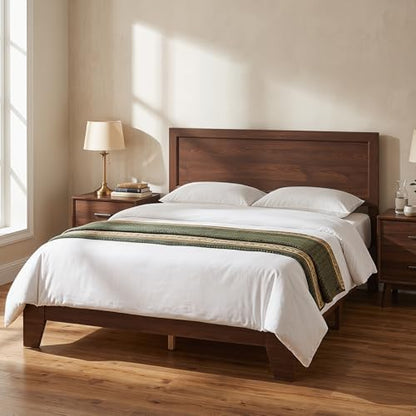 komfott queen size bed frame, mid-century modern platform, close-up detail