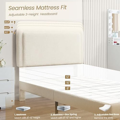 twin size cloud bed frame with adjustable headboard showing dimensions