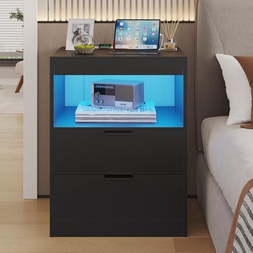 adorneve black led nightstand with wireless charging station, front angle view