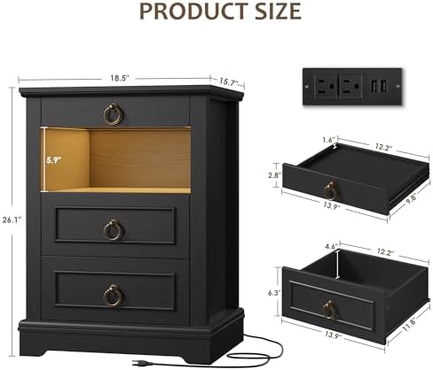 hostack black led nightstand with charging station, 3, close-up detail