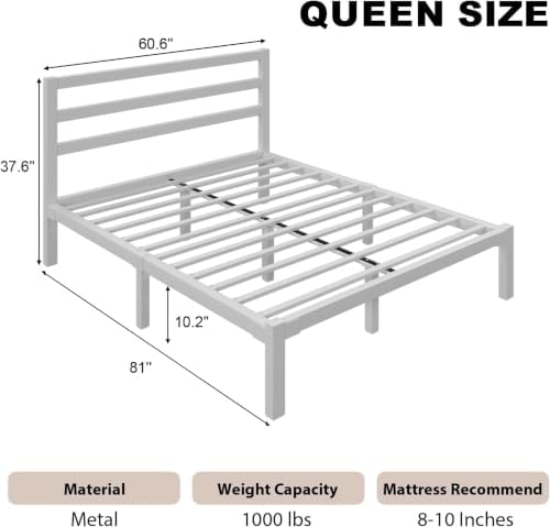 queen metal platform bed frame with headboard, stable shown in use