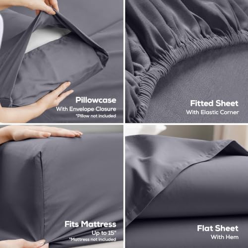 Queen Size Sheet Set – 4 Piece Bed Sheets, Soft and Breathable Microfiber, Includes 1 Fitted Sheet, 1 Flat Sheet and 2 Pillowcases – Oeko Tex (Grey)