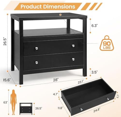 28 inch wide night stand, black nightstand with shown in use