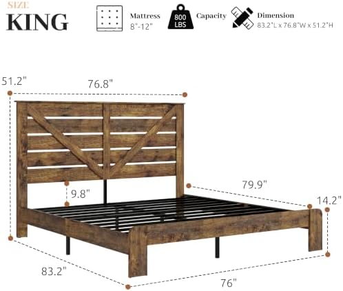 king farmhouse bed frame with headboard, led lights shown in use