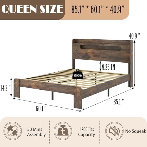 wooden queen bed frame with storage headboard, farmhouse, close-up detail