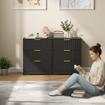 3 drawer dresser, fluted nightstand with storage,black, front angle view