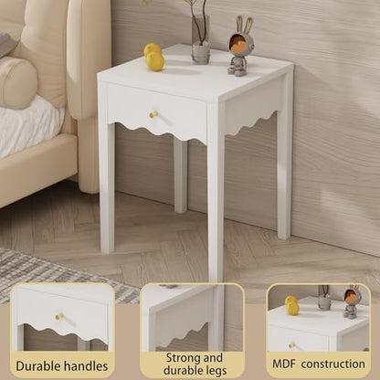girls nightstand with drawer, cute scalloped bedside table, close-up detail