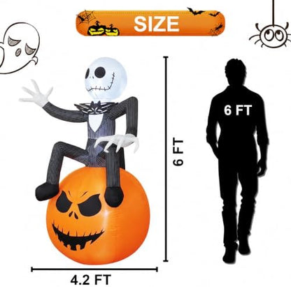 6Ft Inflatable Halloween Yard Decoration - Outdoor Blow Up Skeleton & Pumpkin Decoration - Built-in LED Lights for Halloween Lawn Outdoor Decoration