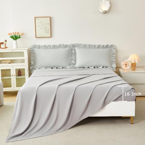 RYNGHIPY Gingham Comforter Set Twin 5 Pieces Gray Ruffle Plaid Bedding Set