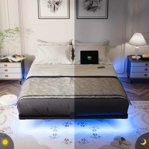 olevs floating bed frame full size metal with, front angle view
