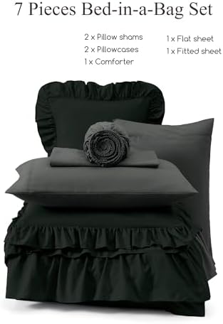 AMBERSPACE Queen Comforter Set Black Ruffle 7 Pieces Farmhouse Bed in a Bag