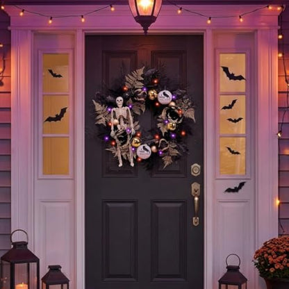 DecorbyHannah 24'' Skeleton Halloween Wreath with Lights for Front Door