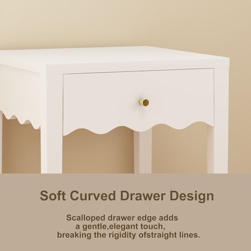 girls nightstand with drawer, cute scalloped bedside table, side view