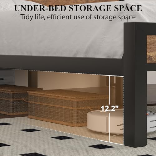 queen size bed frame with storage headboard and, front angle view