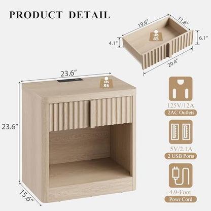 yansnwo 23.6" fluted nightstand set of 2 with, close-up detail