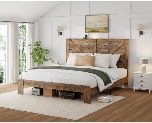 king farmhouse bed frame with headboard, led lights, front angle view