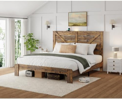 king farmhouse bed frame with headboard, led lights, front angle view