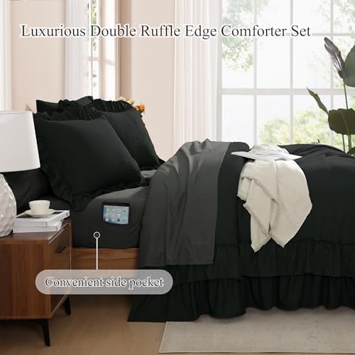 AMBERSPACE Queen Comforter Set Black Ruffle 7 Pieces Farmhouse Bed in a Bag