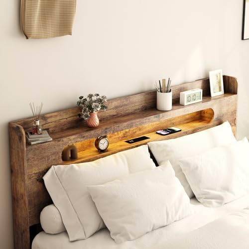 wooden queen bed frame with storage headboard, farmhouse, side view